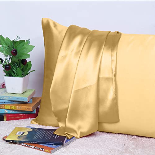 Riara Satin Silk Pillowcase Pillow Case Covers with Envelop Closure for Hair and Skin Home Bed Decor Set of 2 Pillowcase Free 3 Pc Scrunchie (Standard Size(20" 26"), Gold) - Image 2