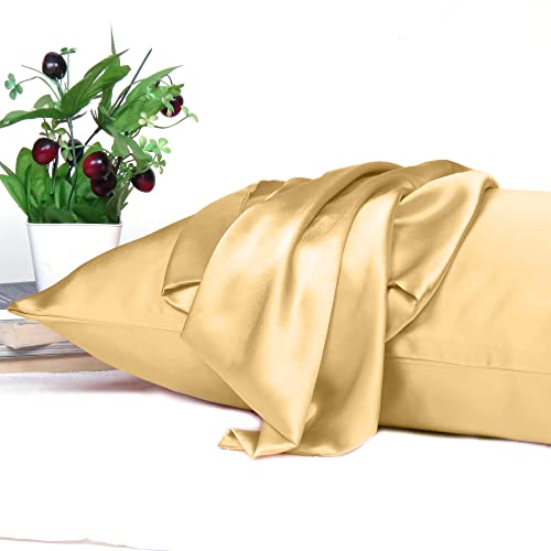 Riara Satin Silk Pillowcase Pillow Case Covers with Envelop Closure for Hair and Skin Home Bed Decor Set of 2 Pillowcase Free 3 Pc Scrunchie (Standard Size(20" 26"), Gold) - Image 3