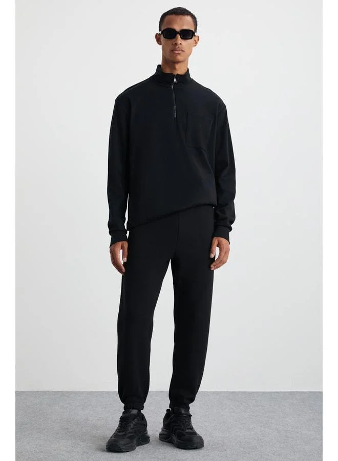 GRIMELANGE Burnham Men's Organic Fabric Lined with Polar Fleece Relaxed Fit Elastic Jogger Black Sweatpants.