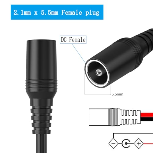 SIOCEN DC Female 2.1mm x 5.5mm Power Jack Adapter Barrel Plug Socket Cable for CCTV IP Security Camera,DVR,HDVD,Car Rearview Monitor System Video,LED Strip Light,Low Voltage DC Pigtail Bare Wire Cord - Image 2