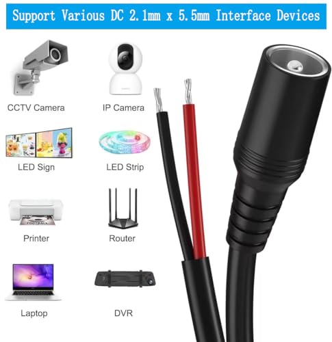 SIOCEN DC Female 2.1mm x 5.5mm Power Jack Adapter Barrel Plug Socket Cable for CCTV IP Security Camera,DVR,HDVD,Car Rearview Monitor System Video,LED Strip Light,Low Voltage DC Pigtail Bare Wire Cord - Image 5