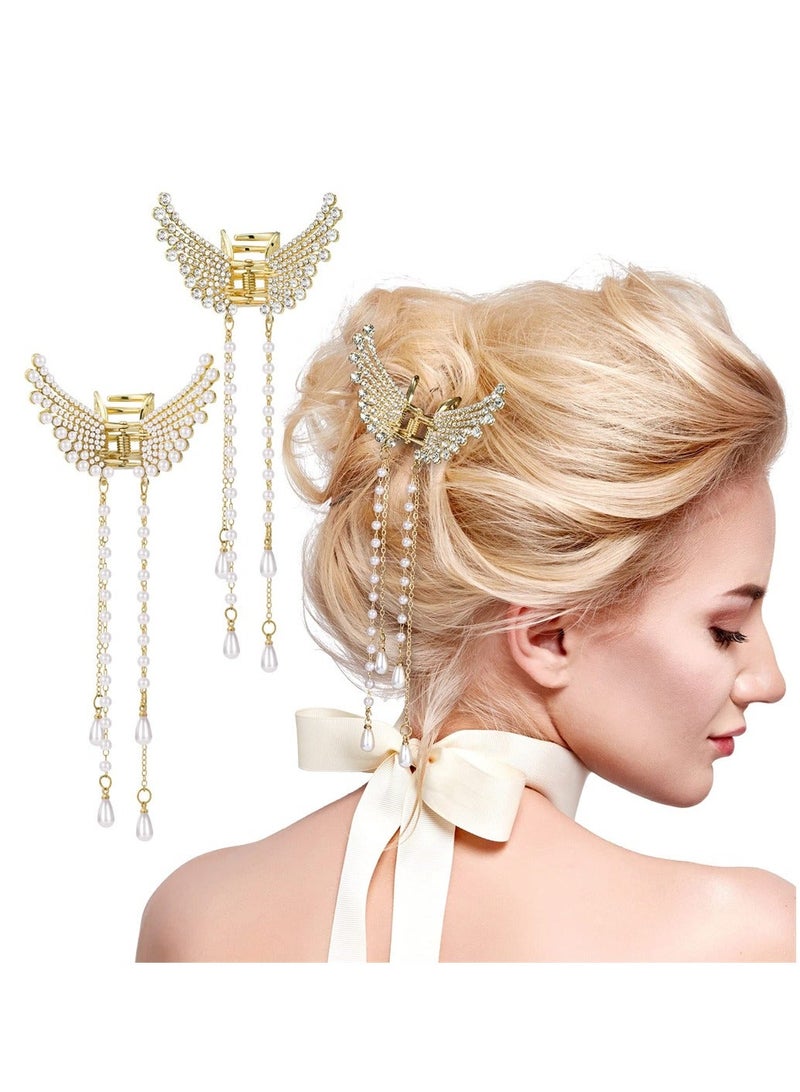 Y&D Pearl Long Tassel Hair Claw Clips for Women, Crystal Rhinestone Gold Butterfly Claws, Nonslip Grab Elegant Hairpin Styling Women Girls Thick Thin (2PCS) - Image 1