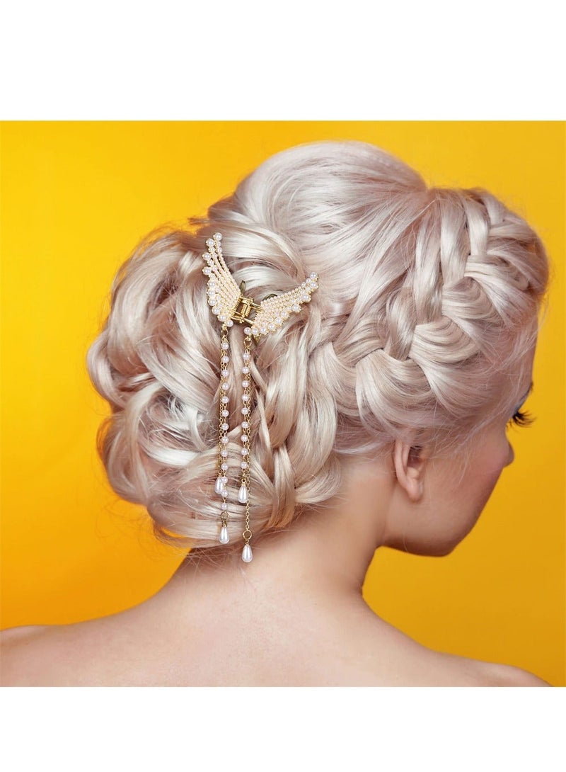 Y&D Pearl Long Tassel Hair Claw Clips for Women, Crystal Rhinestone Gold Butterfly Claws, Nonslip Grab Elegant Hairpin Styling Women Girls Thick Thin (2PCS) - Image 4