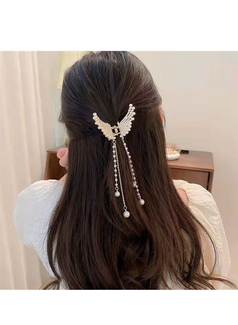 Y&D Pearl Long Tassel Hair Claw Clips for Women, Crystal Rhinestone Gold Butterfly Claws, Nonslip Grab Elegant Hairpin Styling Women Girls Thick Thin (2PCS) - Image 2