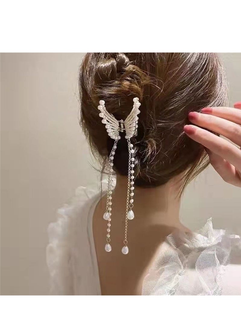Y&D Pearl Long Tassel Hair Claw Clips for Women, Crystal Rhinestone Gold Butterfly Claws, Nonslip Grab Elegant Hairpin Styling Women Girls Thick Thin (2PCS) - Image 5