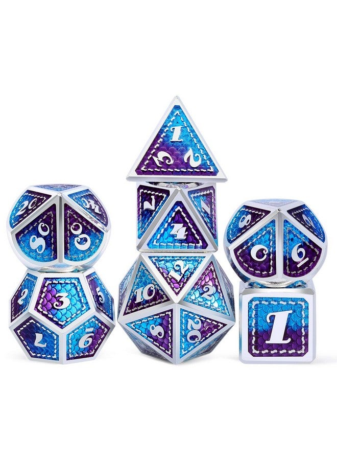 دي أن دي أن دي مجموعة نرد معدنية بمقياس N من D&D، Dndnd مكونة من 7 قطع معدنية من Dungeons & Dragons مع علبة معدنية هدية من نرد Dnd (أزرق وأرجواني مع حافة فضية) - Image 1