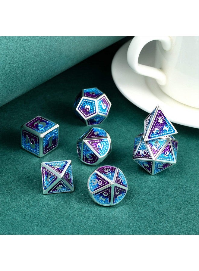 دي أن دي أن دي مجموعة نرد معدنية بمقياس N من D&D، Dndnd مكونة من 7 قطع معدنية من Dungeons & Dragons مع علبة معدنية هدية من نرد Dnd (أزرق وأرجواني مع حافة فضية) - Image 4