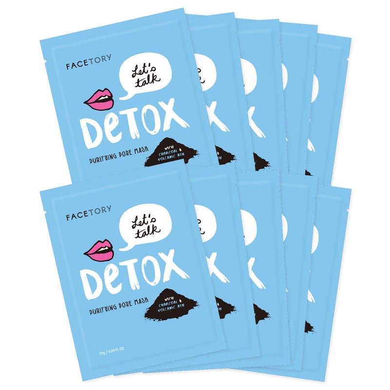 FACETORY K Beauty Face Mask Skin Care  LETS TALK DETOX PURIFYING Sheet Mask with Charcoal  Volcanic Ash  Pore Refining Charcoal Face Mask 10 Pack