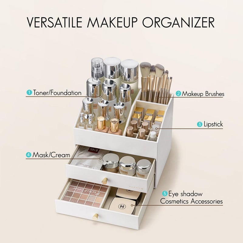 Vlando Makeup Organizer for Vanity - PU Leather Skin Care Storage for Lipstick,Brushes,Perfumes - Large Capacity Bathroom Counter Organizer with Drawers - White - Image 4