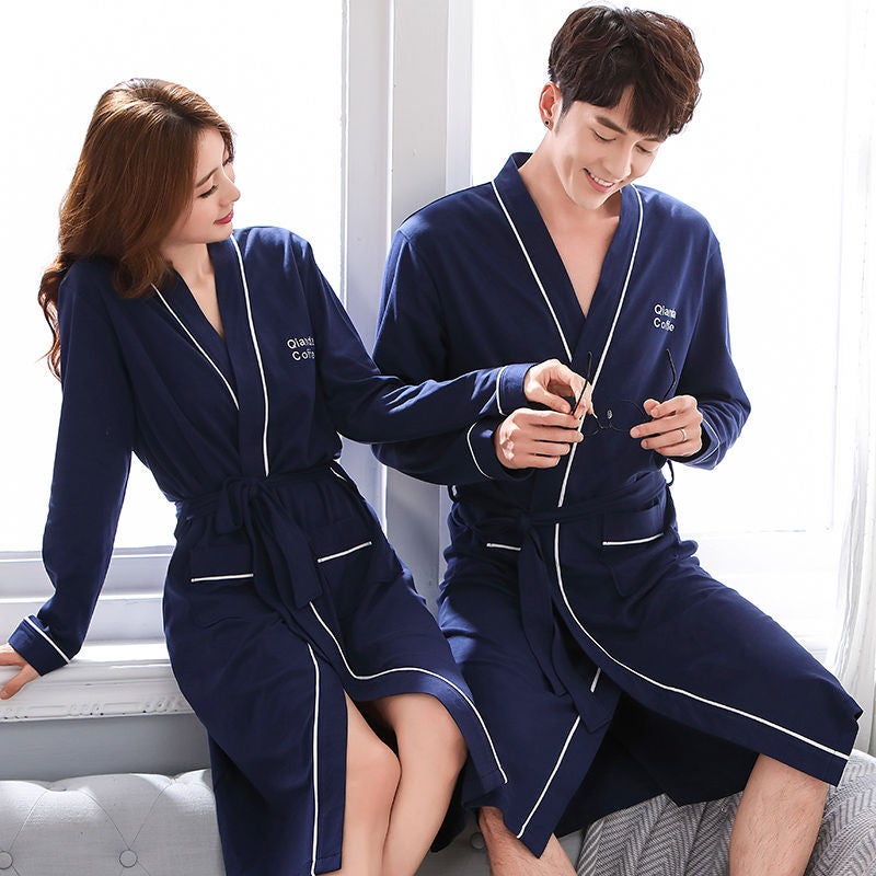 Couple'S Nightgown Women'S Long Sleeve 100 Cotton Long Summer Bathrobe Bathrobe Men'S Pajamas Morning Gown Thin - Image 2