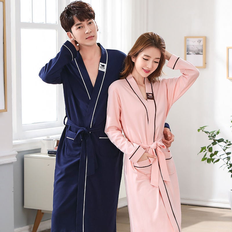 Couple'S Nightgown Women'S Long Sleeve 100 Cotton Long Summer Bathrobe Bathrobe Men'S Pajamas Morning Gown Thin - Image 3