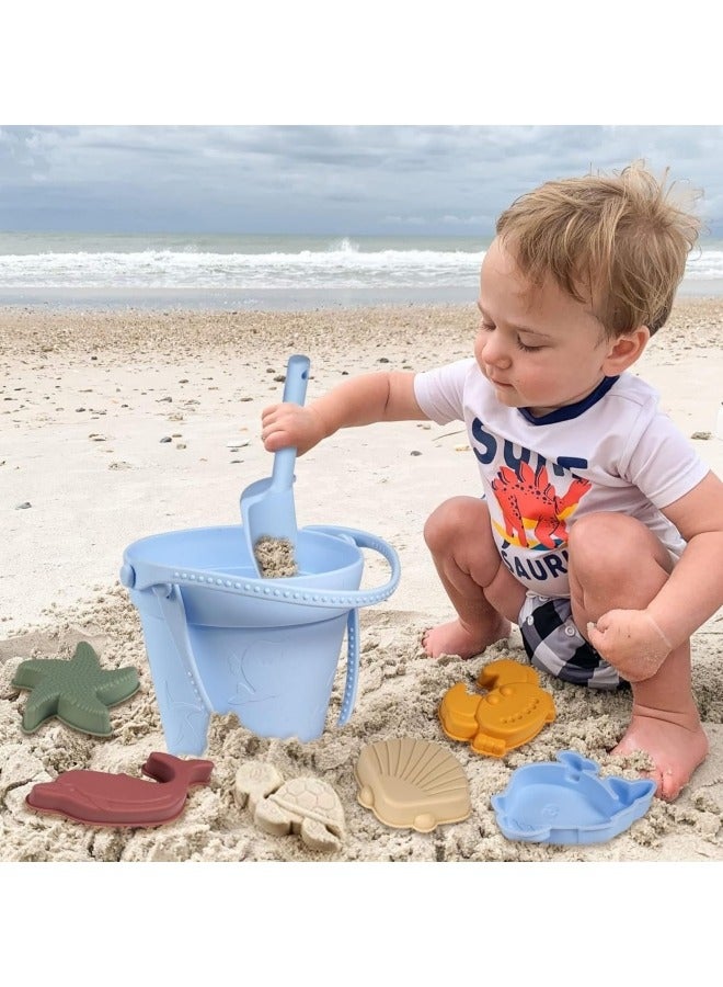 GGEROU 8Pcs Silicone Beach Toys with Portable Beach Bag Kids Sand Toys Set Travel Friendly Beach Toys Set for Boys Girls Beach Bucket Set with Sand Toy Molds Summer Outdoor Toys Blue  - Image 5