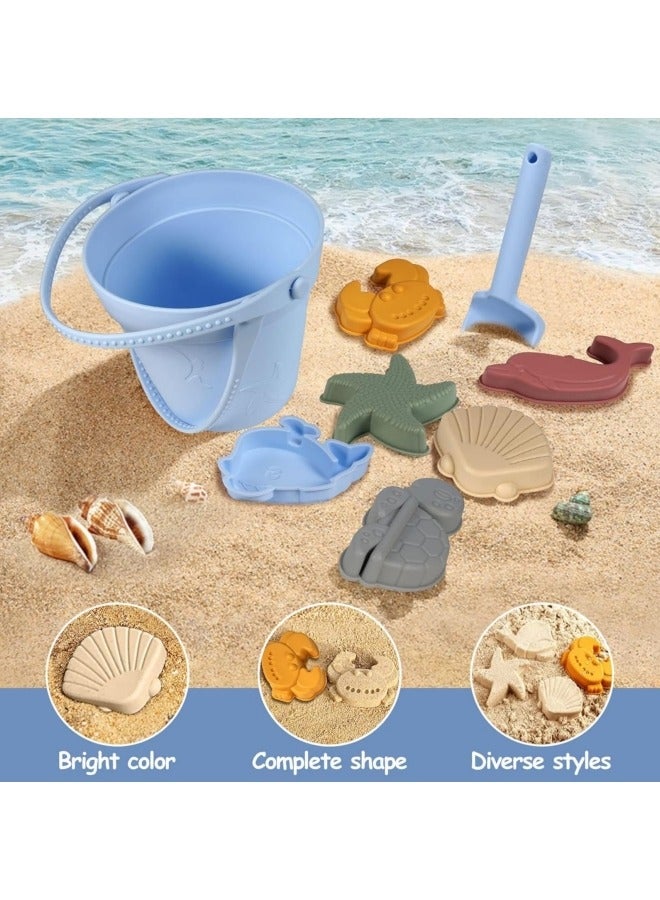 GGEROU 8Pcs Silicone Beach Toys with Portable Beach Bag Kids Sand Toys Set Travel Friendly Beach Toys Set for Boys Girls Beach Bucket Set with Sand Toy Molds Summer Outdoor Toys Blue  - Image 3
