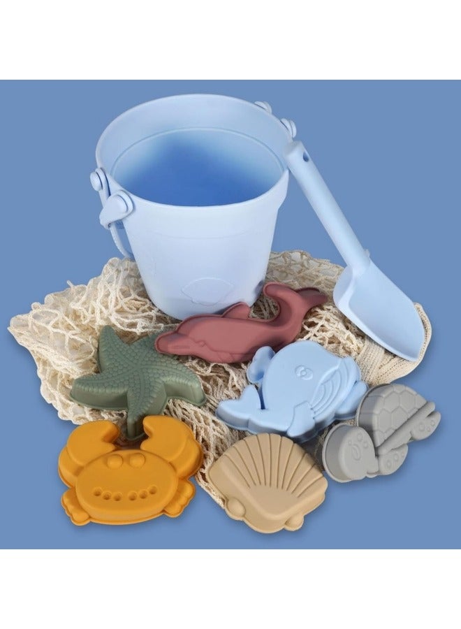 GGEROU 8Pcs Silicone Beach Toys with Portable Beach Bag Kids Sand Toys Set Travel Friendly Beach Toys Set for Boys Girls Beach Bucket Set with Sand Toy Molds Summer Outdoor Toys Blue  - Image 4
