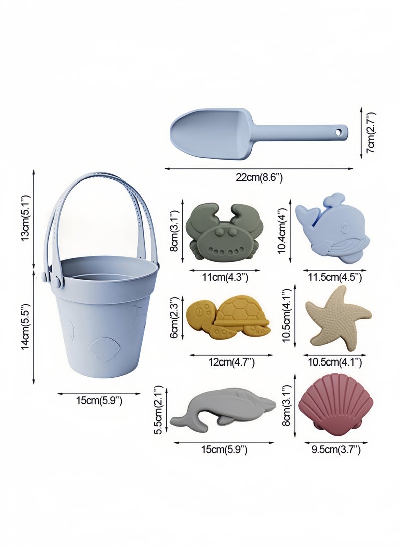 GGEROU 8Pcs Silicone Beach Toys with Portable Beach Bag Kids Sand Toys Set Travel Friendly Beach Toys Set for Boys Girls Beach Bucket Set with Sand Toy Molds Summer Outdoor Toys Blue  - Image 2