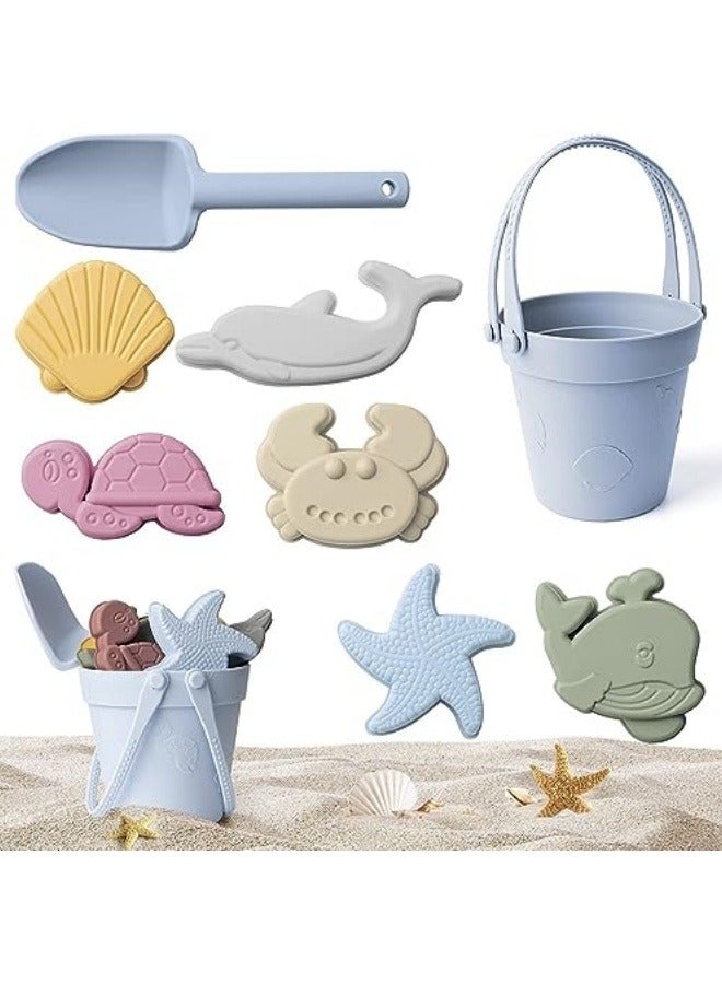 GGEROU 8Pcs Silicone Beach Toys with Portable Beach Bag Kids Sand Toys Set Travel Friendly Beach Toys Set for Boys Girls Beach Bucket Set with Sand Toy Molds Summer Outdoor Toys Blue  - Image 1