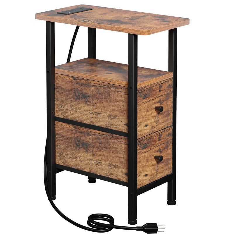 LOAKEKEL Narrow End Table Living Room with Charging Station Skinny Side Table with Fabric Drawers Slim Nightstand for Bedroom Small Spaces Couch Rustic Brown HETNDP02PBR1