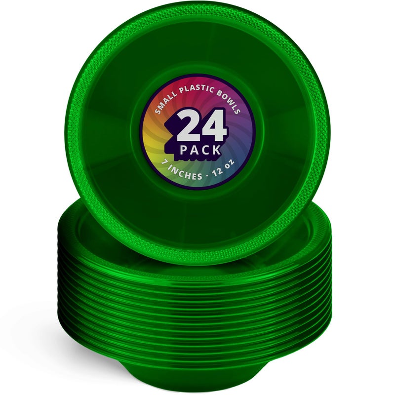 DecorRack 24 Small Plastic Bowls 7 inch Disposable 12 oz Serving Bowl Fruit Snack Popcorn Soup and Salad Kids Birthday and Holiday Party Supplies Green Pack of 24