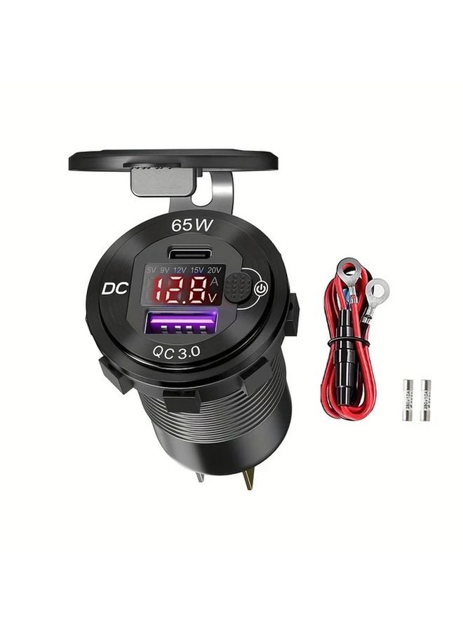 65W PD 18W QC Car USB Charger Socket Red Light With 23.62inch Wire And Fuse - Image 1