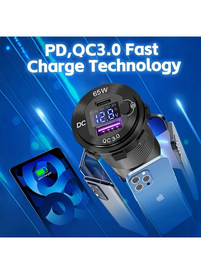 65W PD 18W QC Car USB Charger Socket Red Light With 23.62inch Wire And Fuse - Image 3