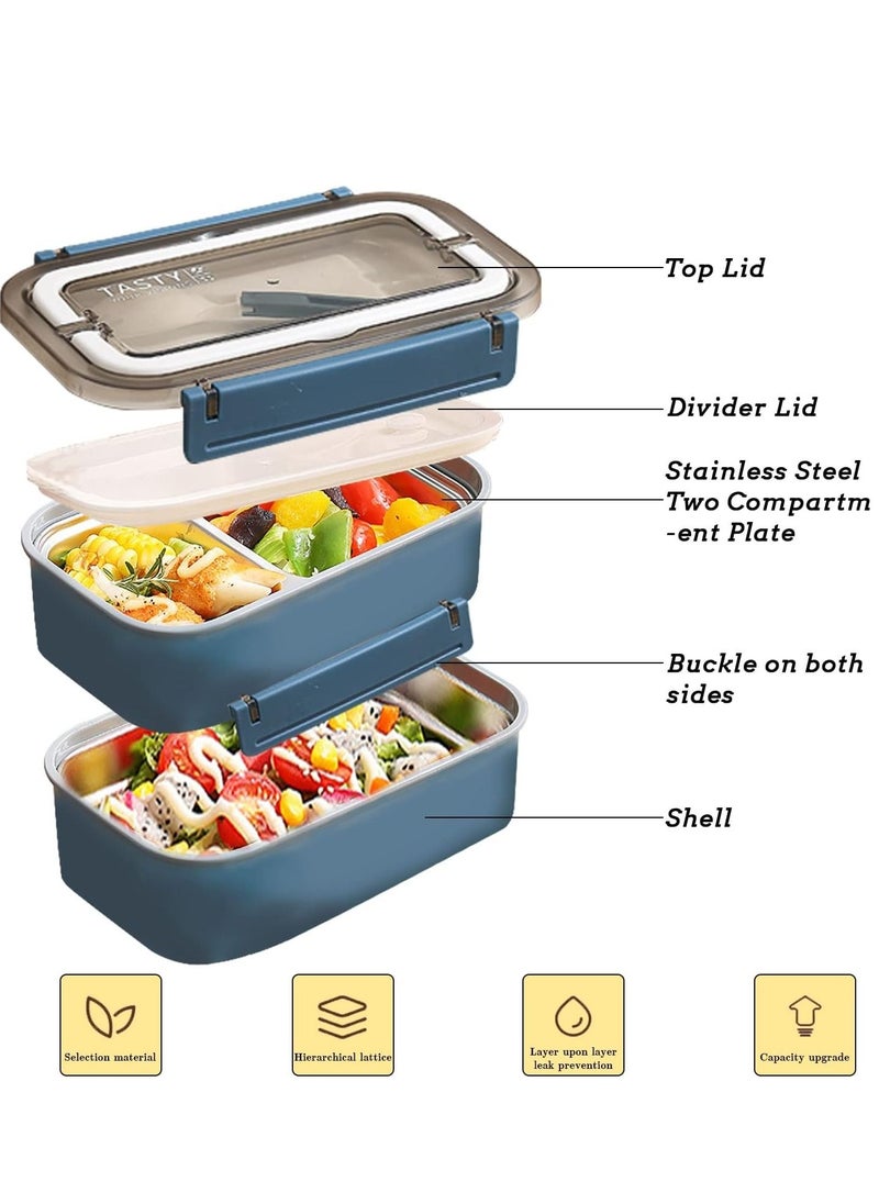 General Stainless Steel Lunch Box Insulated Bento Box Multifunctional Containers Food Containers with 2 Compartments,Tableware, Nylon insulation bag (1.6L Blue)  - Image 3