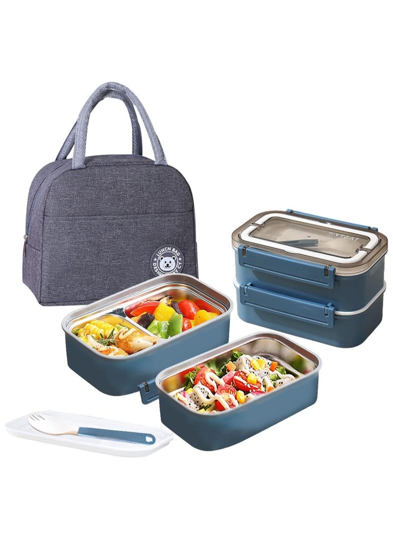 General Stainless Steel Lunch Box Insulated Bento Box Multifunctional Containers Food Containers with 2 Compartments,Tableware, Nylon insulation bag (1.6L Blue)  - Image 1