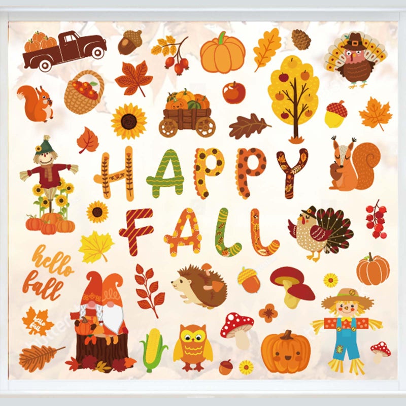 Whaline 9 Sheets Happy Fall Window Clings Autumn Cute Cartoon Window Stickers Thanksgiving Static Reusable Window Decals for Harvest Party Home Classroom Office Decor Supplies - Image 1