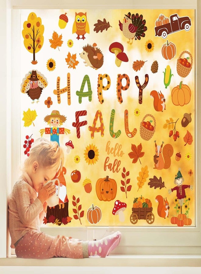 Whaline 9 Sheets Happy Fall Window Clings Autumn Cute Cartoon Window Stickers Thanksgiving Static Reusable Window Decals for Harvest Party Home Classroom Office Decor Supplies - Image 3