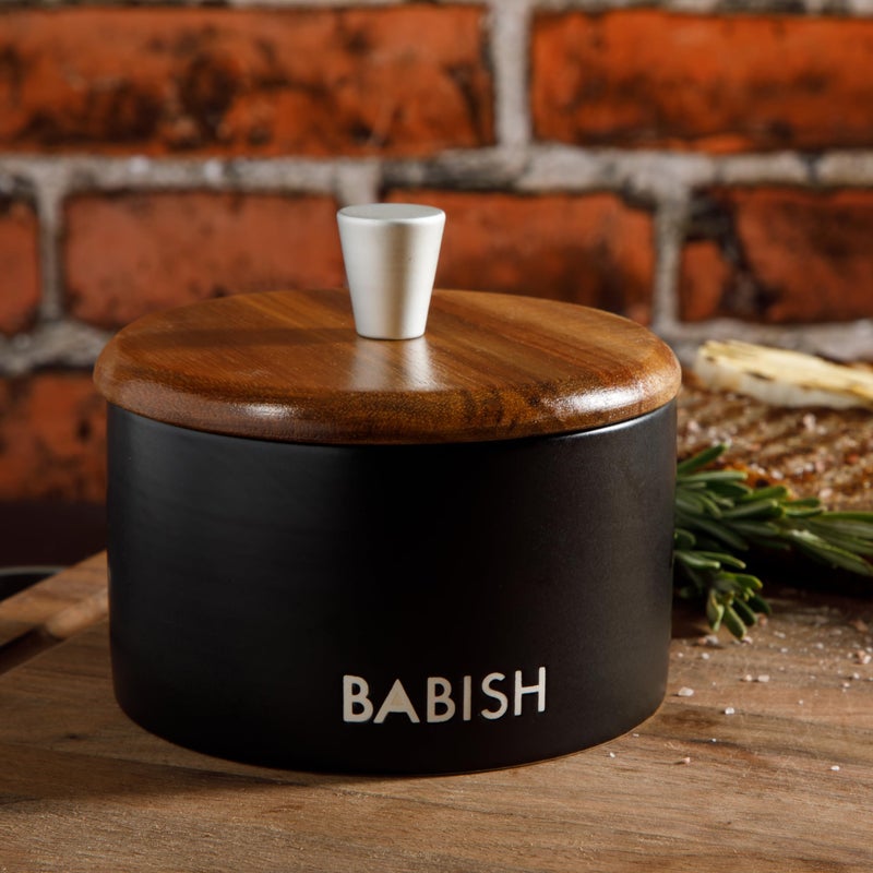 Babish وعاء ملح من الحجر الخزفي بغطاء خشبي - 4" × 3.5" - Image 3