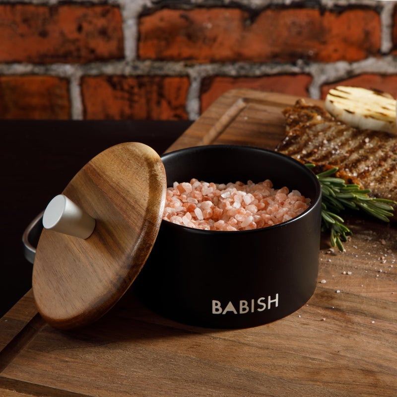 Babish وعاء ملح من الحجر الخزفي بغطاء خشبي - 4" × 3.5" - Image 2