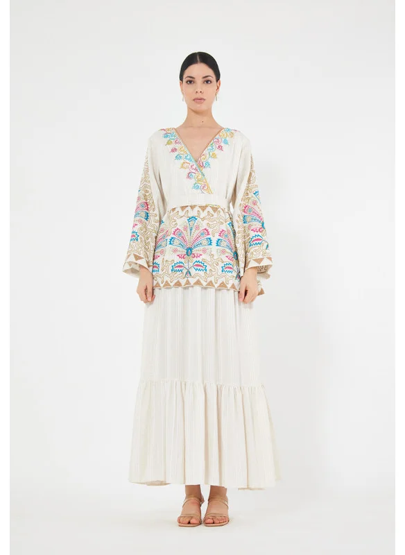 Thouq Wrap Over Tiered Embroidered Jalabiya