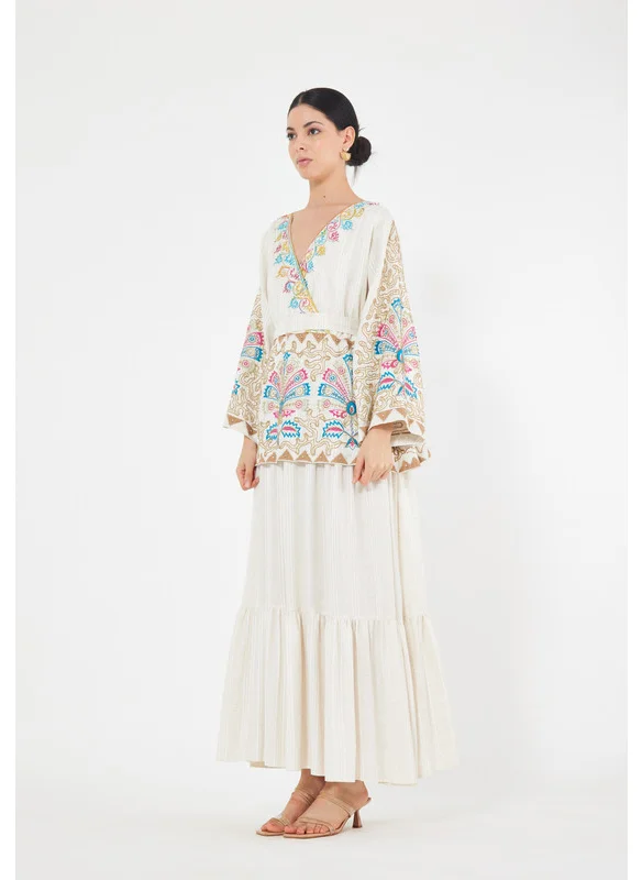 Thouq Wrap Over Tiered Embroidered Jalabiya