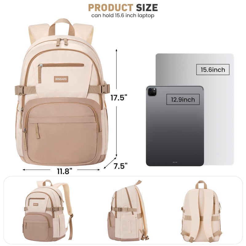 WINDARS Backpack for School Girls, Cute High School Backpacks for Teens Women Student Large Bookbag 15.6 Inch Laptop Bag with USB Charger Port for College Work Travel Trip (Khaki Beige) - Image 3