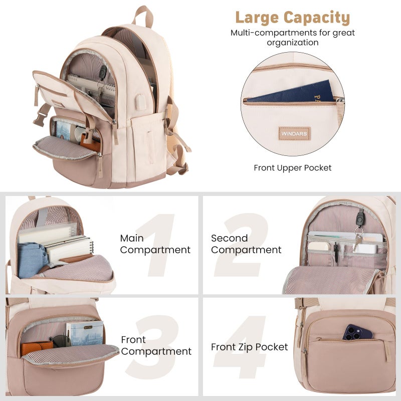 WINDARS Backpack for School Girls, Cute High School Backpacks for Teens Women Student Large Bookbag 15.6 Inch Laptop Bag with USB Charger Port for College Work Travel Trip (Khaki Beige) - Image 2