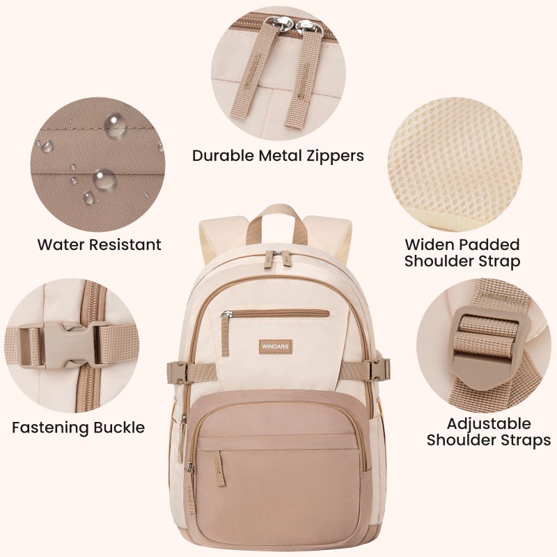 WINDARS Backpack for School Girls, Cute High School Backpacks for Teens Women Student Large Bookbag 15.6 Inch Laptop Bag with USB Charger Port for College Work Travel Trip (Khaki Beige) - Image 4