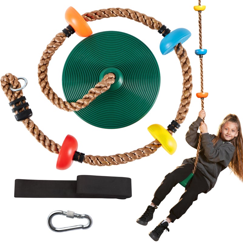 TURFEE Tree Swing for Kids - Single Disc Seat and Climbing Rope Set w/Carabiner & 4 Ft Strap - Treehouse and Outdoor Playground Accessories - Green ï»¿ - Image 1