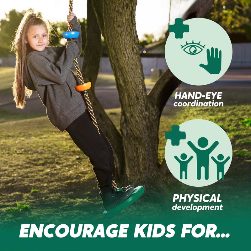 TURFEE Tree Swing for Kids - Single Disc Seat and Climbing Rope Set w/Carabiner & 4 Ft Strap - Treehouse and Outdoor Playground Accessories - Green ï»¿ - Image 4