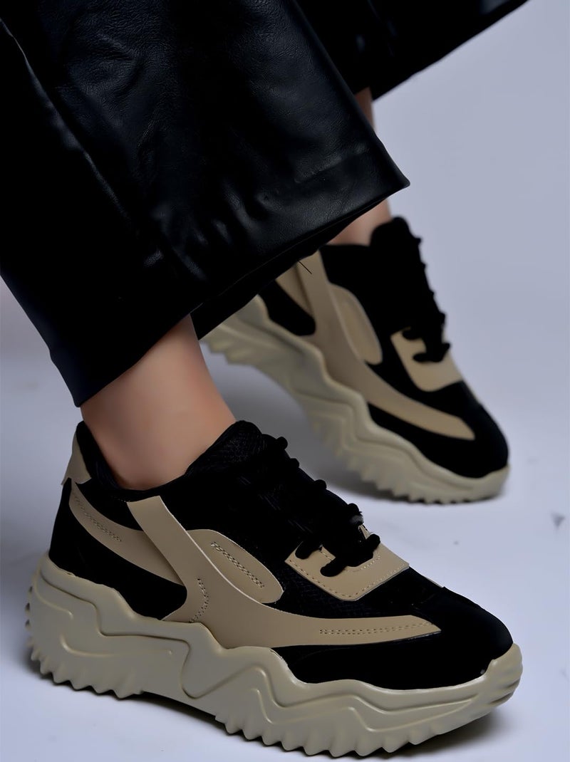 Shoetopia Chunky Platform Sneakers for Women – Beige & Black Colorblock || Lace-Up Athletic Shoes with Wavy Sole Design Casual and Party EU38 - Image 4