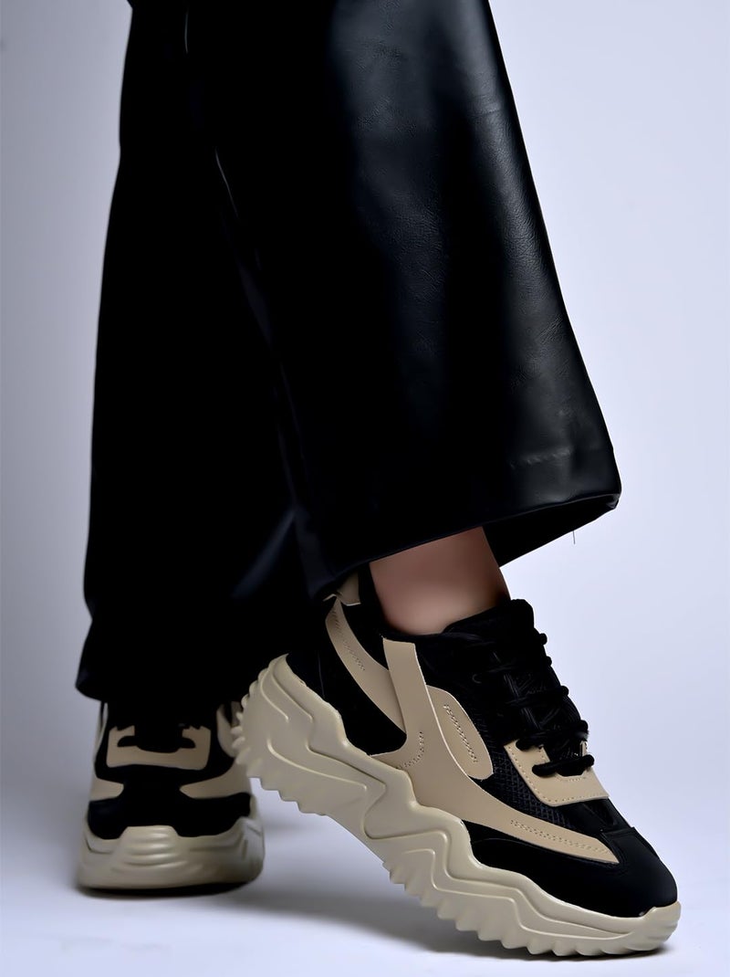 Shoetopia Chunky Platform Sneakers for Women – Beige & Black Colorblock || Lace-Up Athletic Shoes with Wavy Sole Design Casual and Party EU38 - Image 3
