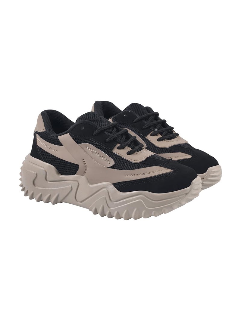 Shoetopia Chunky Platform Sneakers for Women – Beige & Black Colorblock || Lace-Up Athletic Shoes with Wavy Sole Design Casual and Party EU38 - Image 1