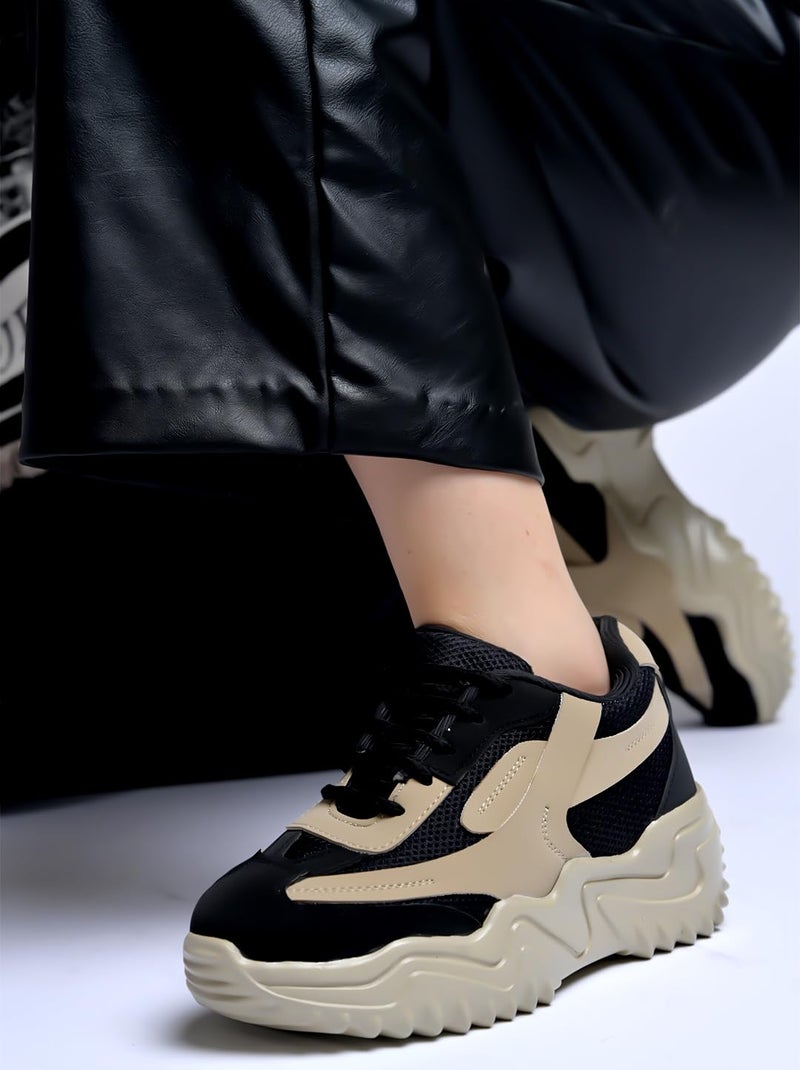 Shoetopia Chunky Platform Sneakers for Women – Beige & Black Colorblock || Lace-Up Athletic Shoes with Wavy Sole Design Casual and Party EU38 - Image 2