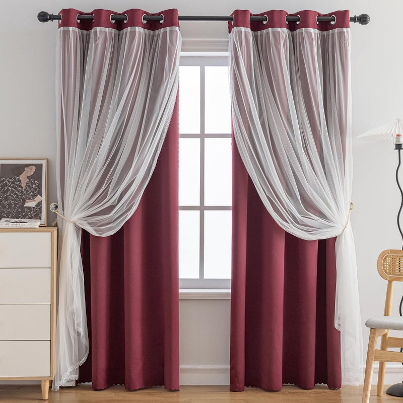 Anytime Home Curtains Blackout and Sheer Layered Solid Window Curtain Panel Pair with Grommet Top, 52Wx63L,Wine Red - Image 1