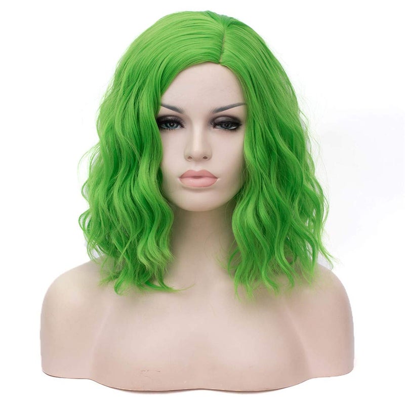 Short Bob Wavy Curly Wig Green Wig For Women Cosplay Halloween Wigs Heat Resistant Bob Party Wig Include Wig Cap Green