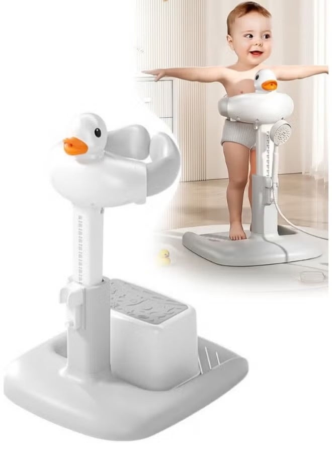 متجر سهل حامل استحمام للأطفال مع كرسي صغير، محطة استحمام على شكل بطة قابلة لتعديل الارتفاع بقاعدة مانعة للانزلاق، مساعد استحمام محمول، حامل استحمام ذكي على شكل برج عناق لتدفق المياه، قابل للطي، حامل استحمام على شكل دب لطيف للأطفال الرضع والصغار - Image 1