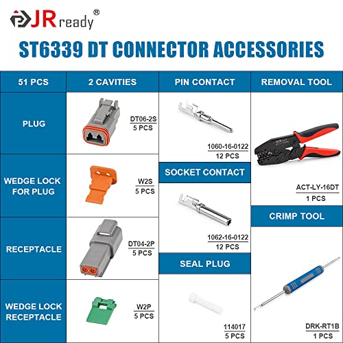 JRready ST6339 Deutsch DT Connector 2 Pin with Deutsch Crimp ToolACTLY16DT 2 Pin Gray DT Connector5 sets Size 16 Stamped Contacts 1418AWG - Image 3