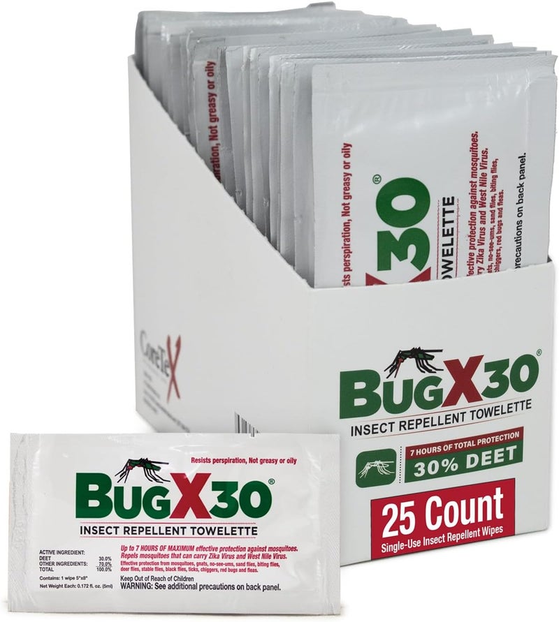 coretex Bug X 30 Mosquito, Tick, & Insect Repellent Wipes with 30% DEET - Pack of 25 Single-Use Bug Repellent Wipes for Up to 7 Hours of Reliable Protection Against 12 Types of Biting Insects - Image 1