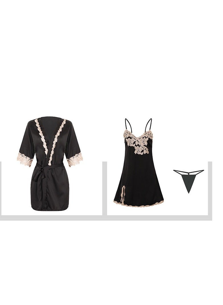 Women 2 Piece Satin Pajama  Strap Slip Cami Dress And Long Sleeve Robe Sleepwear Set.  - Image 2
