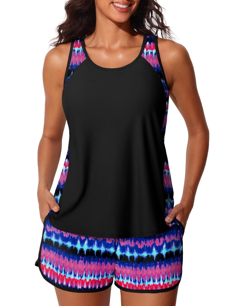 Summer Mae Blouson Tankini Swimsuits for Women 2026 Tummy Control Two Piece Bathing Suits with Sporty Pockets Swim Shorts Red-Blue Shimmer Size 10 - Image 1