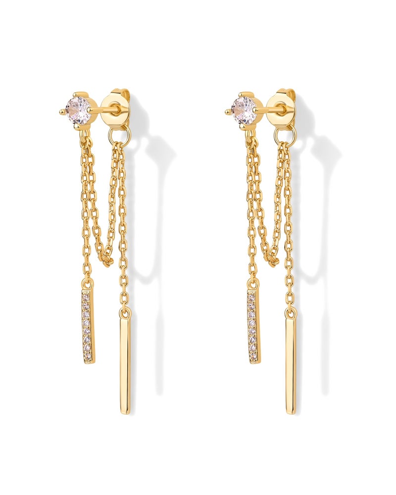 PAVOI 18K Yellow Gold Plated 925 Sterling Silver Posts Drop Dangle Chain Earrings for Women | Dangling Chain Studs | Cubic Zirconia Ball Threader Earscapes Earrings - Image 1