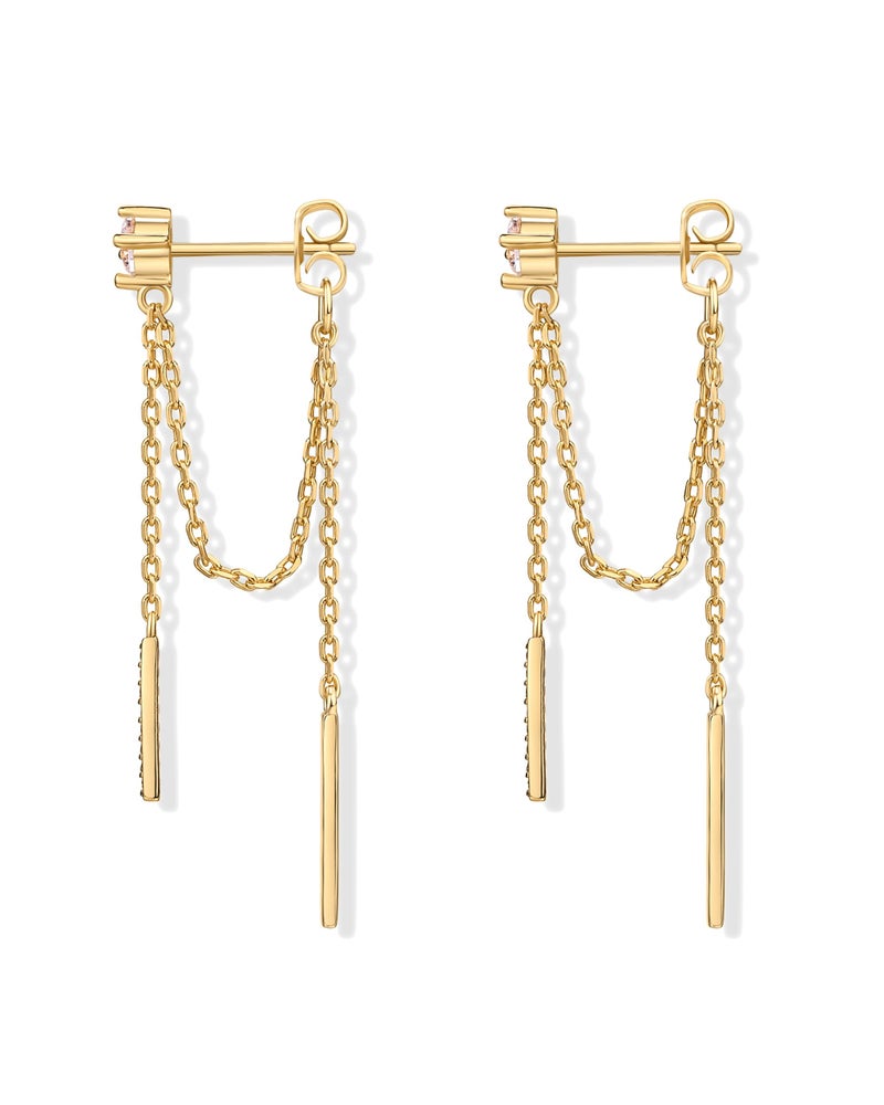 PAVOI 18K Yellow Gold Plated 925 Sterling Silver Posts Drop Dangle Chain Earrings for Women | Dangling Chain Studs | Cubic Zirconia Ball Threader Earscapes Earrings - Image 3